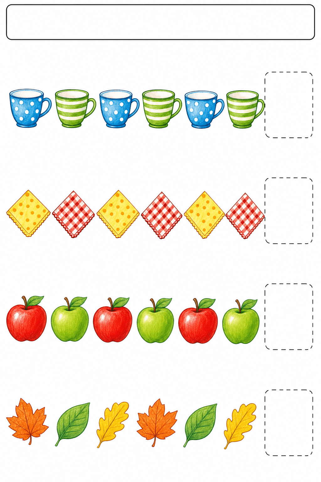 Students continue four repeating picture patterns, identify each repeating unit, and create a pattern of their own.