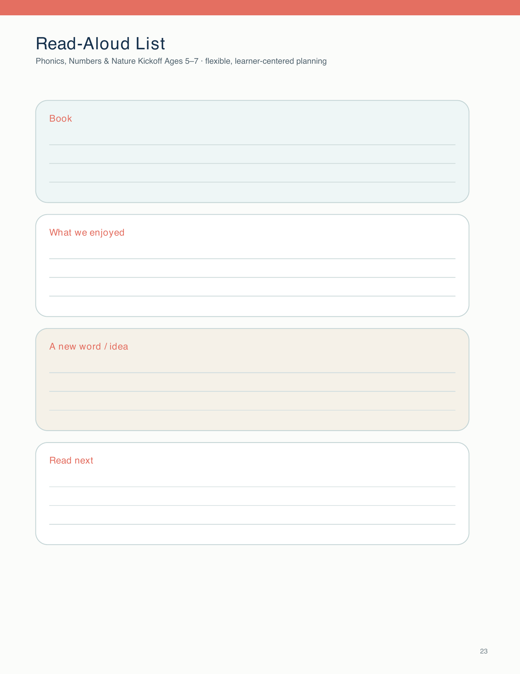 Use this sheet after a read-aloud to help children record the book, favourite parts, new learning, and what they want to read next.