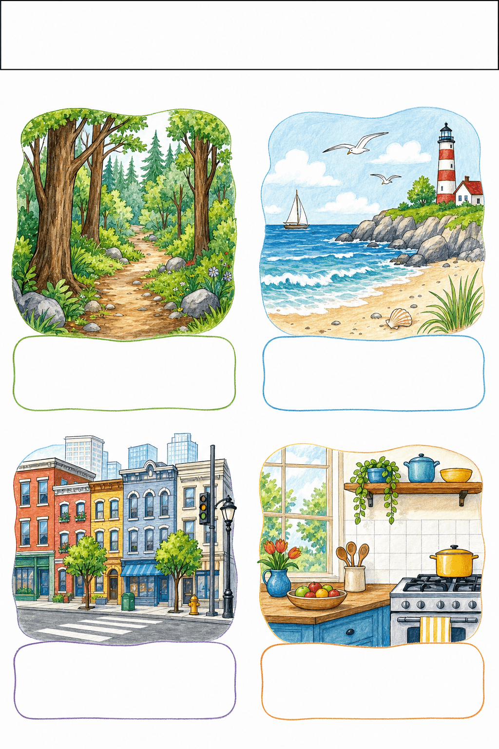 Students study four illustrated scenes and describe where and when a story could happen in each setting.