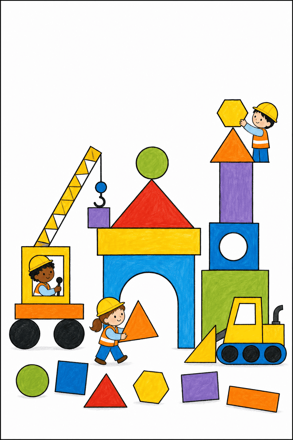 Students name the shapes they notice and design a new picture using at least three shapes.