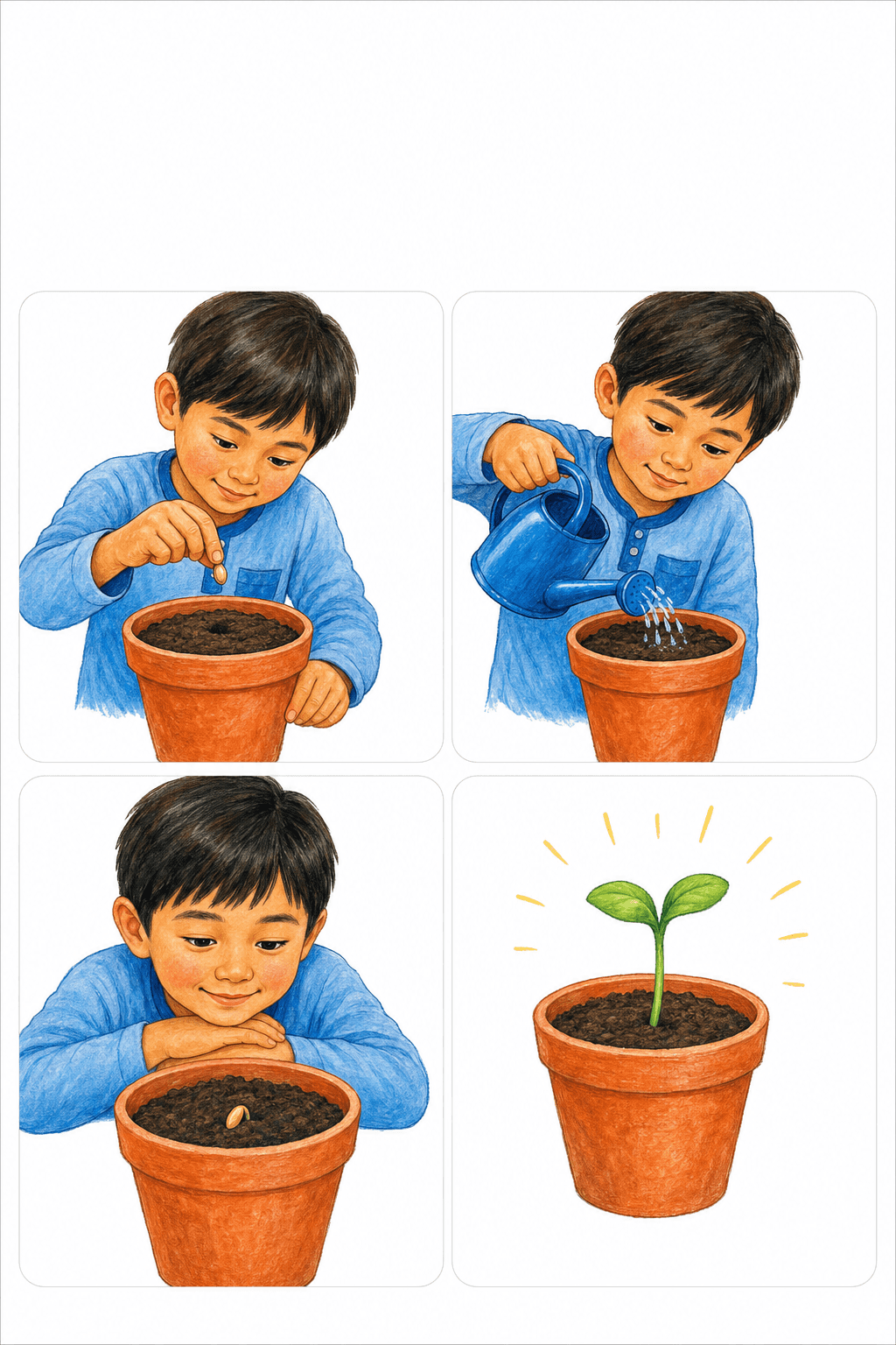 Students number four seed-growing scenes and retell the sequence in their own words.