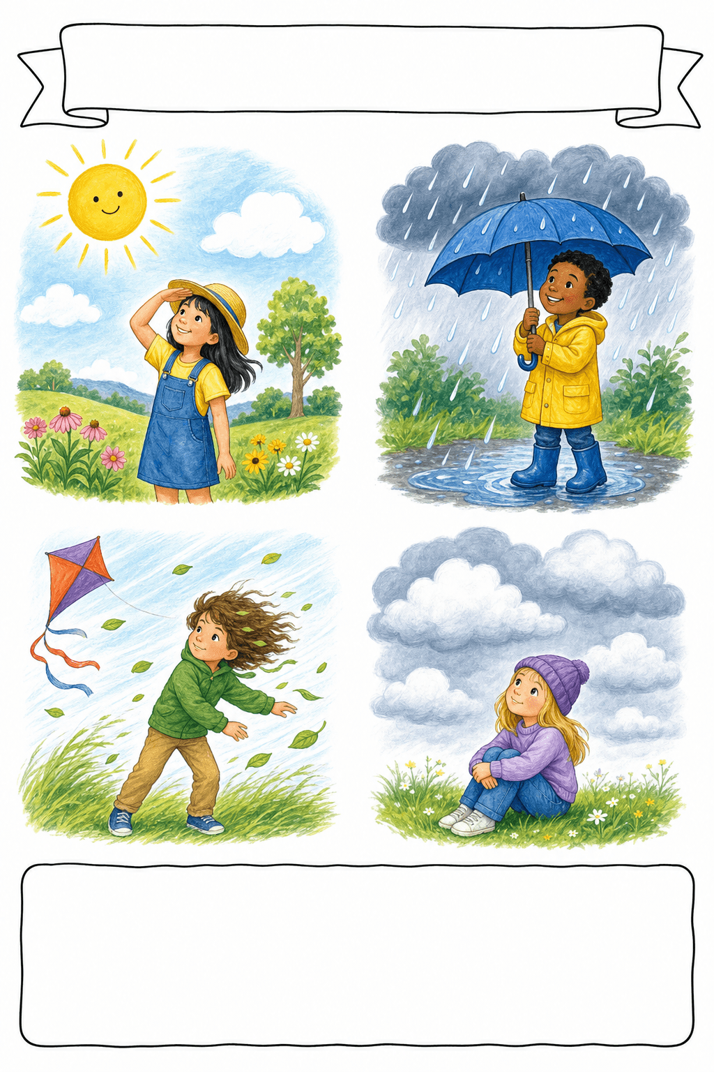 Students observe the weather safely, discuss the illustrated conditions, and record what they see, feel, and notice changing.