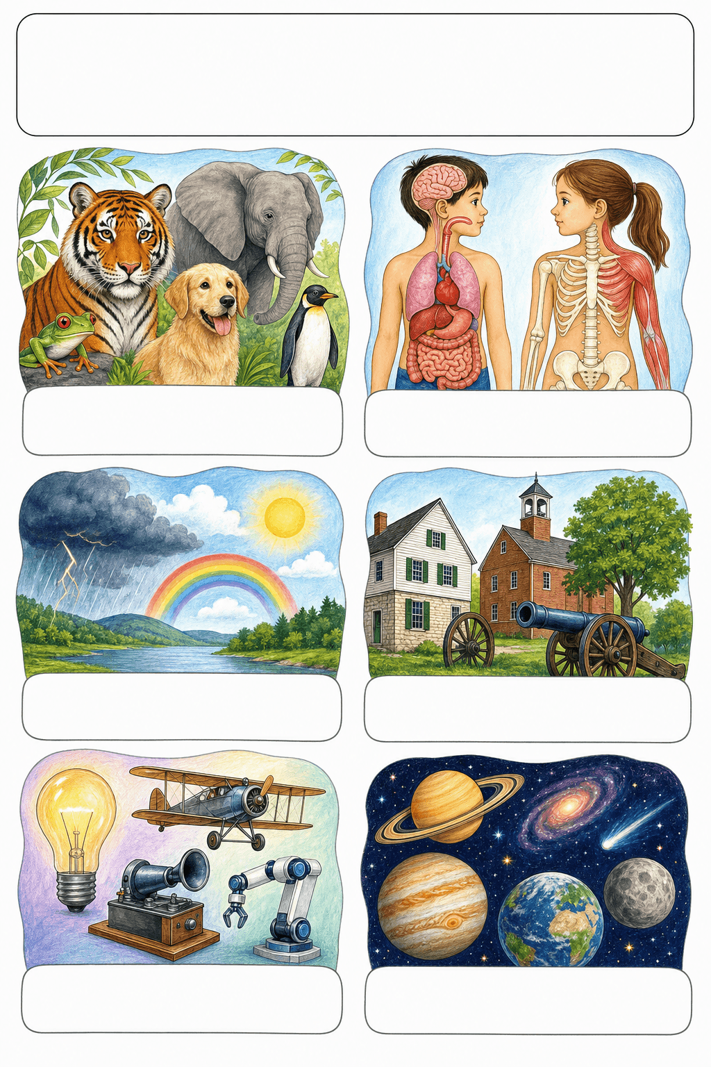 Students compare six illustrated topic scenes, choose one, and explain what they hope to understand.