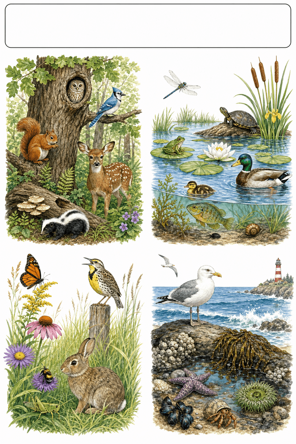 Guide students in comparing woodland, pond, meadow, and coastal habitats using visual evidence about their conditions.