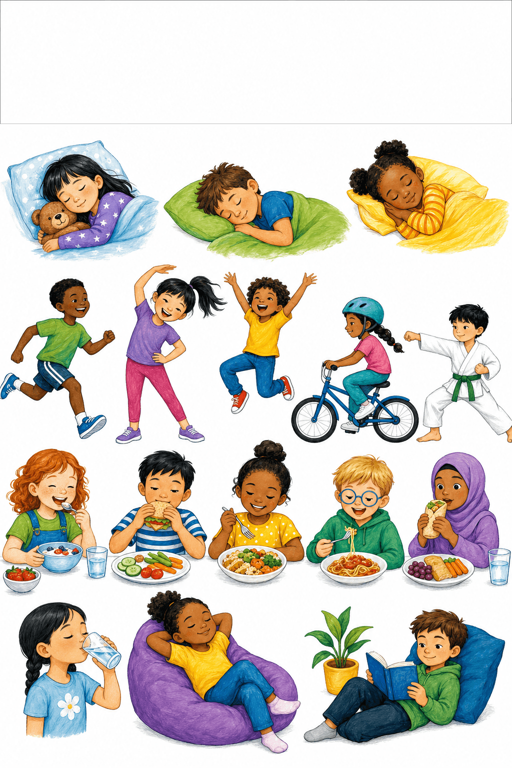 Use the illustrated model to discuss how sleep, food, movement, connection, and care support wellbeing.