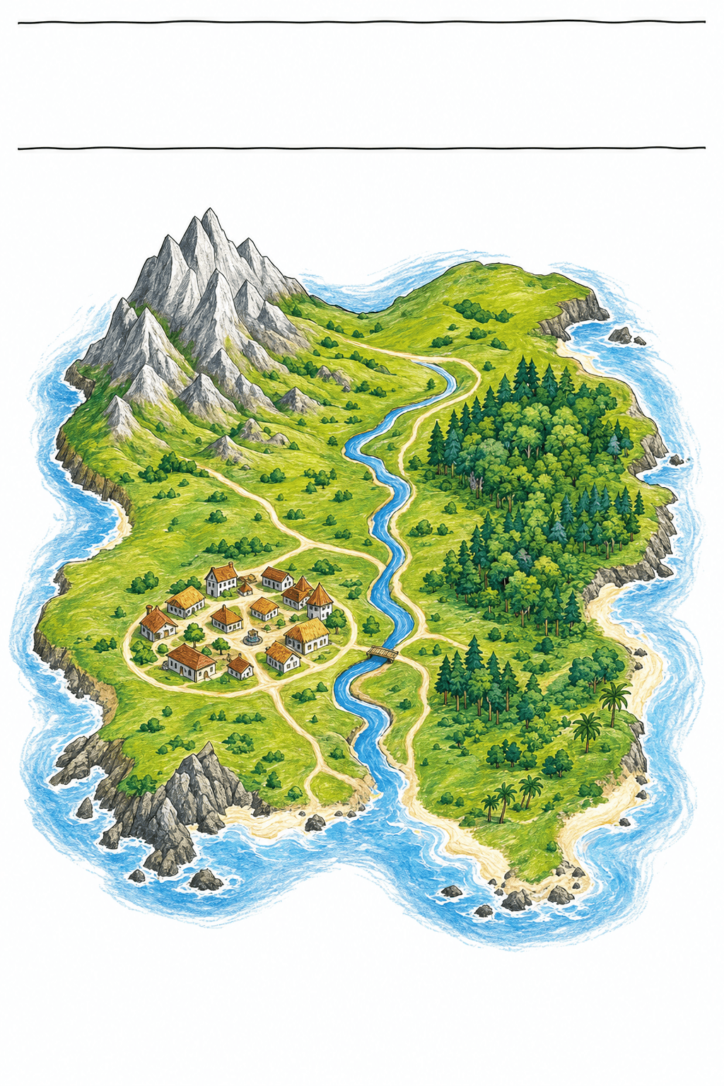 Students create a map key, add a compass rose, and plan a route across an illustrated imaginary landscape.