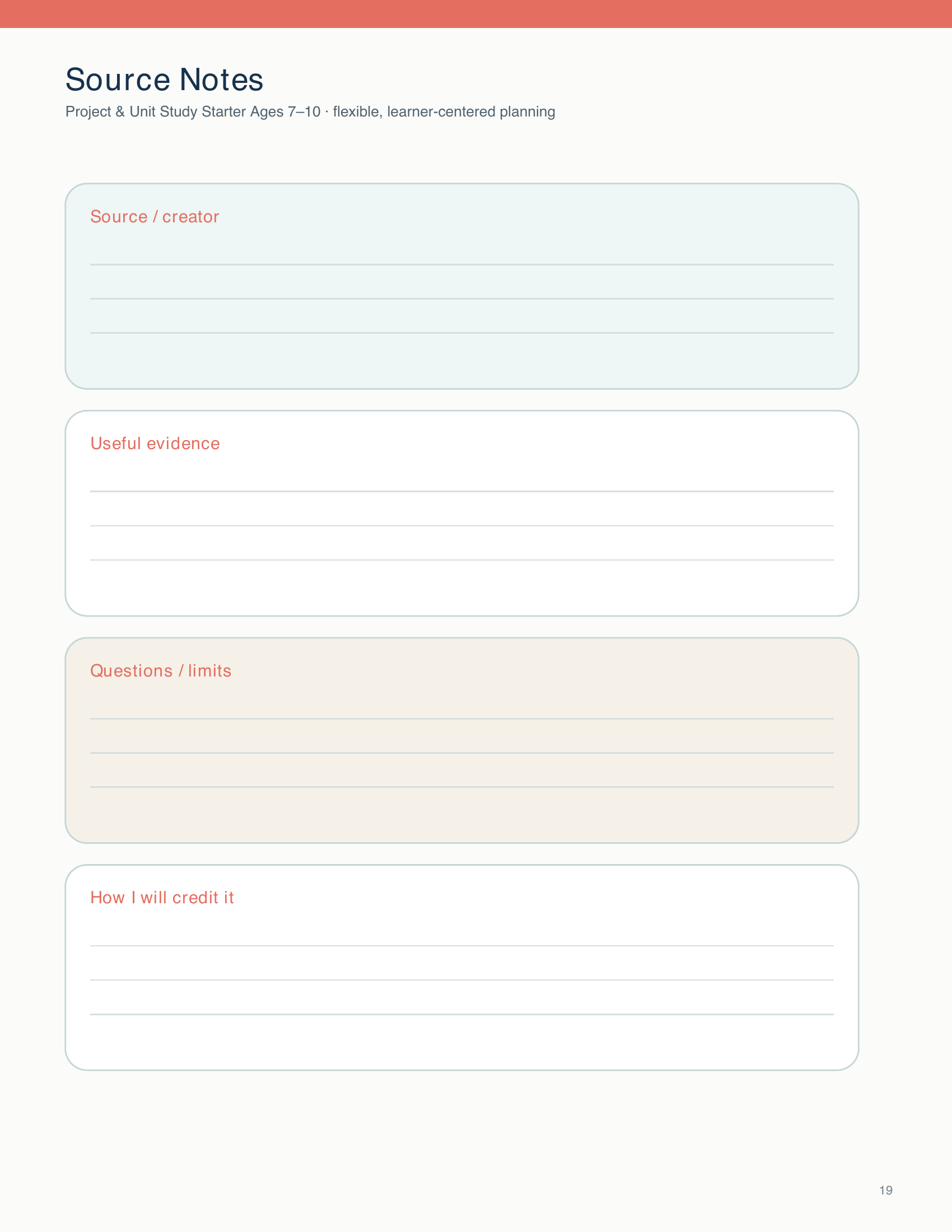 Learners record sources, evidence, questions, limits, and how they will credit research during a project or unit study.