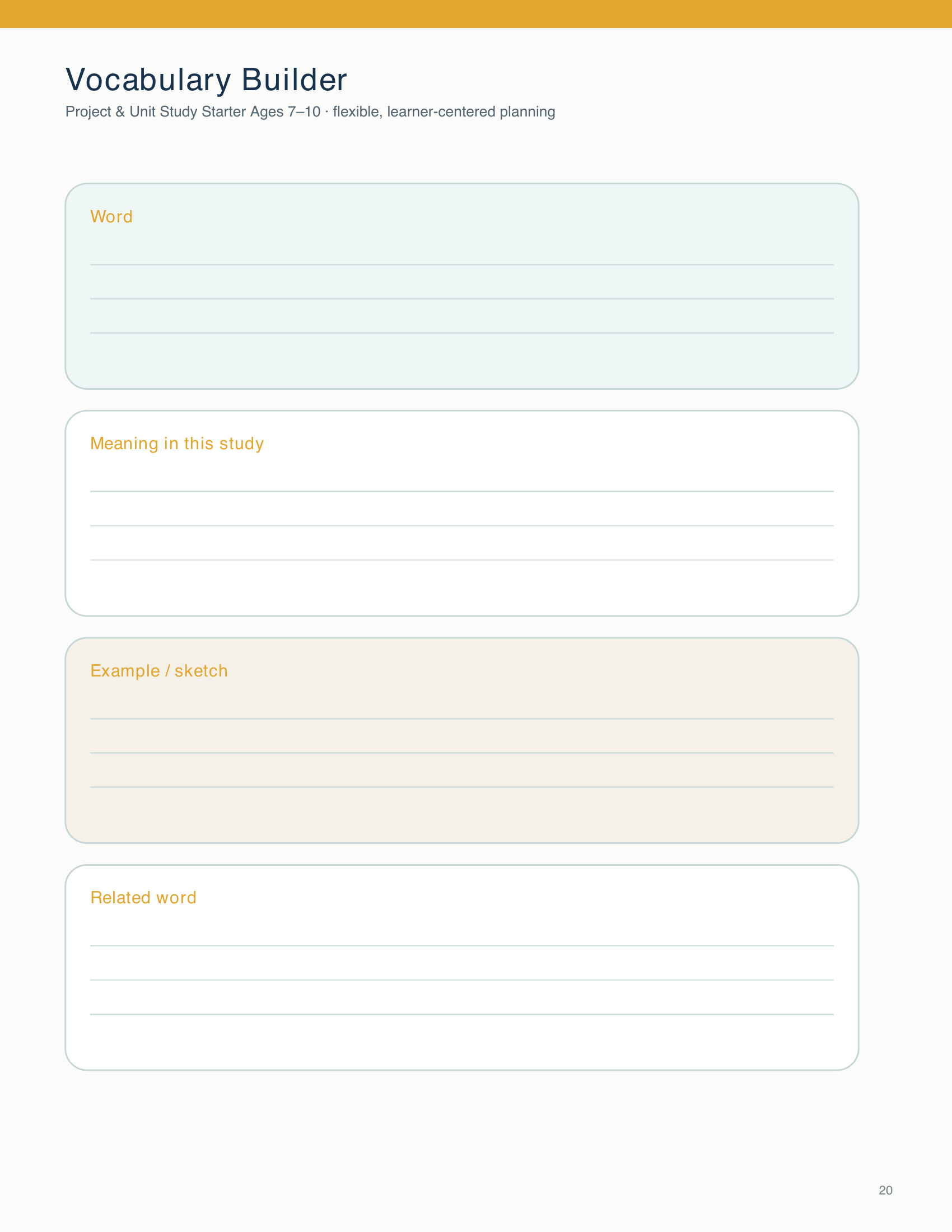 Students record a study word, its meaning, an example or sketch, and a related word.
