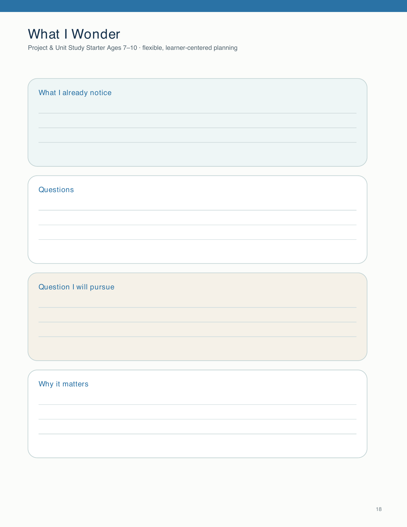 Students record observations, questions, an inquiry focus, and why their chosen project or unit topic matters.