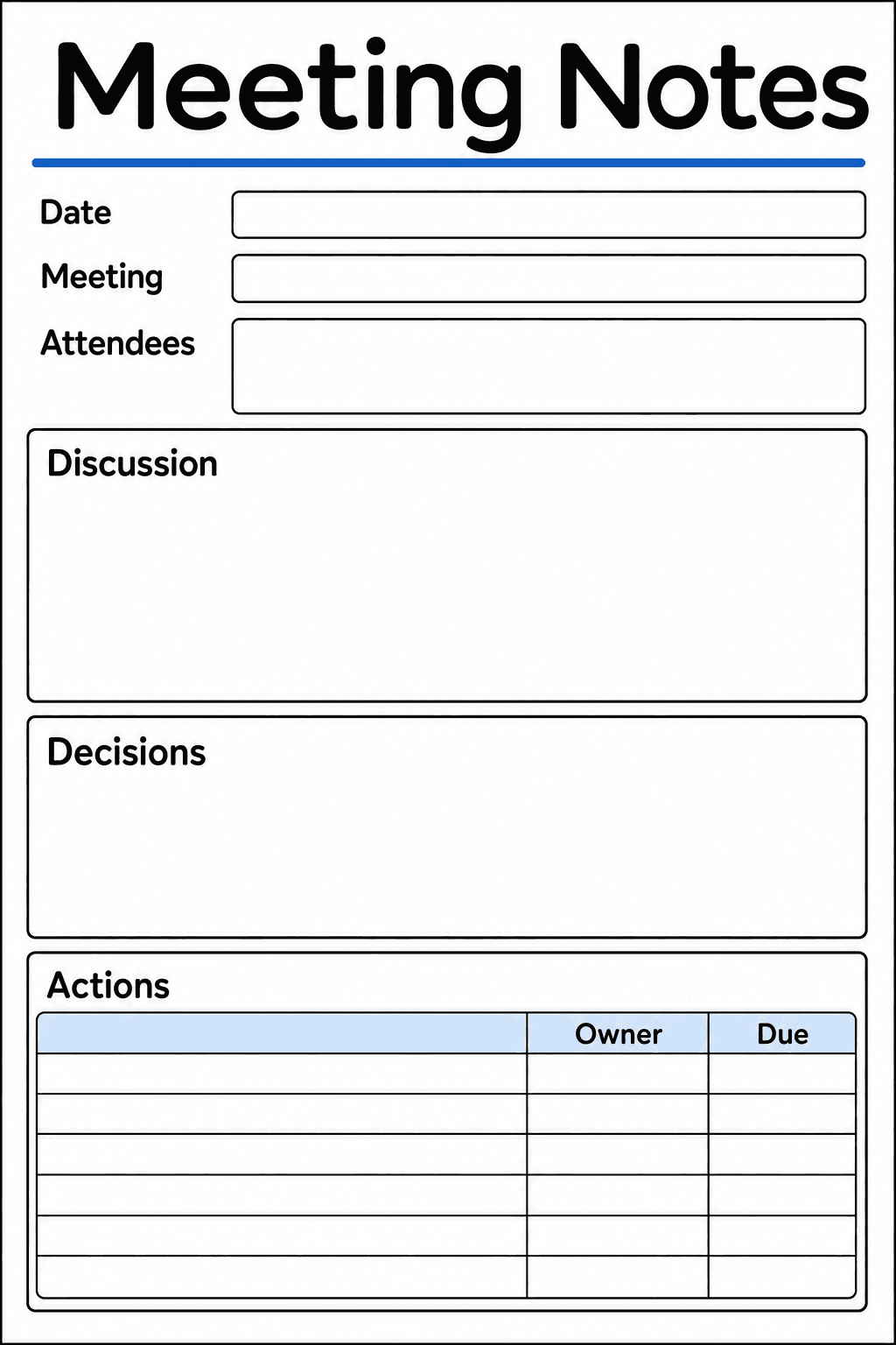 Record meeting details, discussion points, decisions, and assigned actions with owners and due dates.