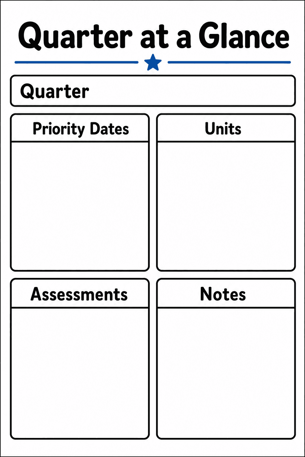 Teachers record a quarter’s priority dates, instructional units, assessments, and notes in one organised planning layout.