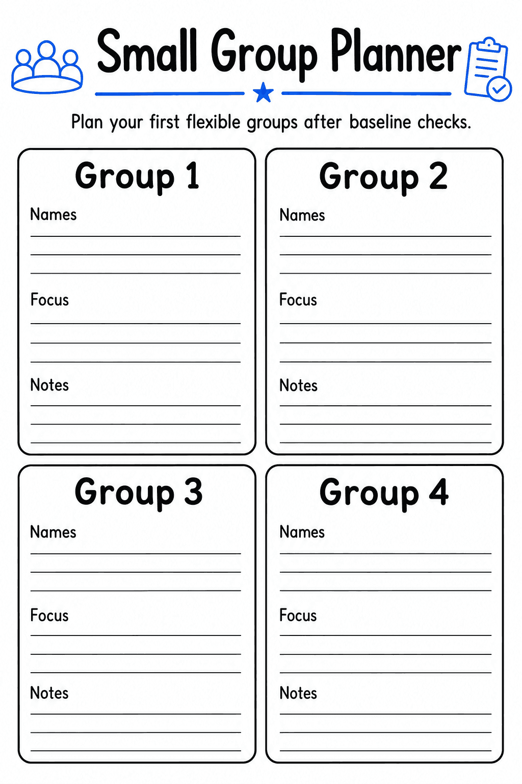 Record student names, group focus areas, and notes while organising four flexible groups after baseline checks.
