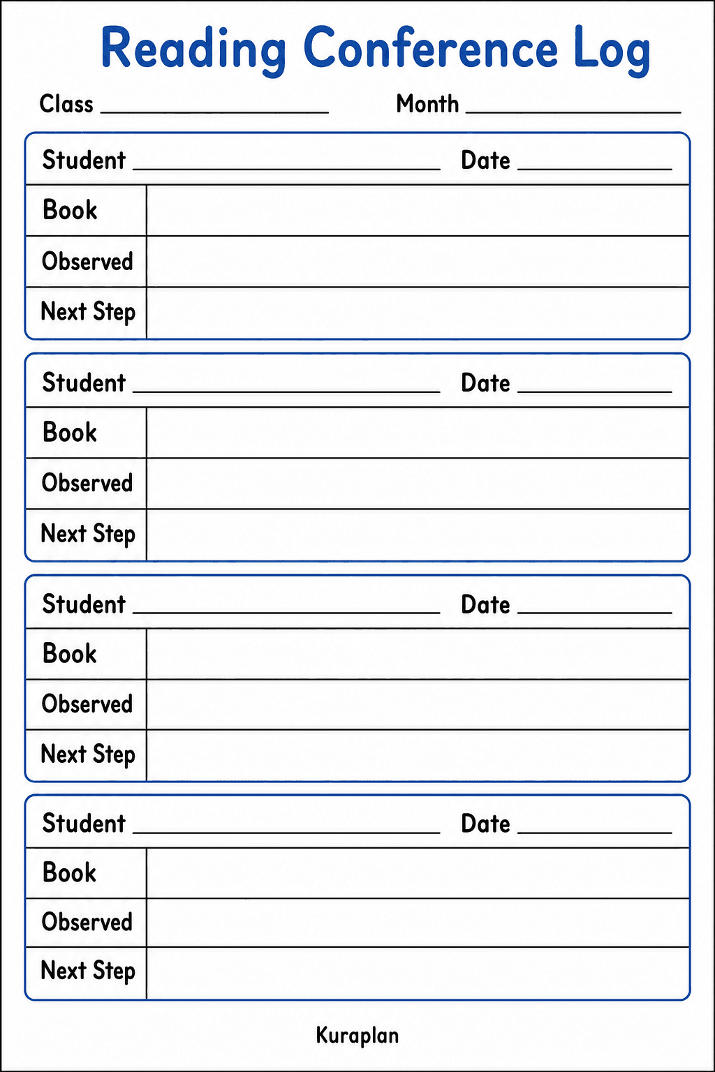 Record four students’ books, conference observations, dates, and next steps on one page.