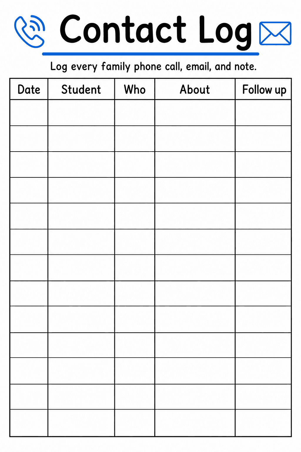 Record family phone calls, emails, and notes alongside student names, topics, dates, and follow-up actions.