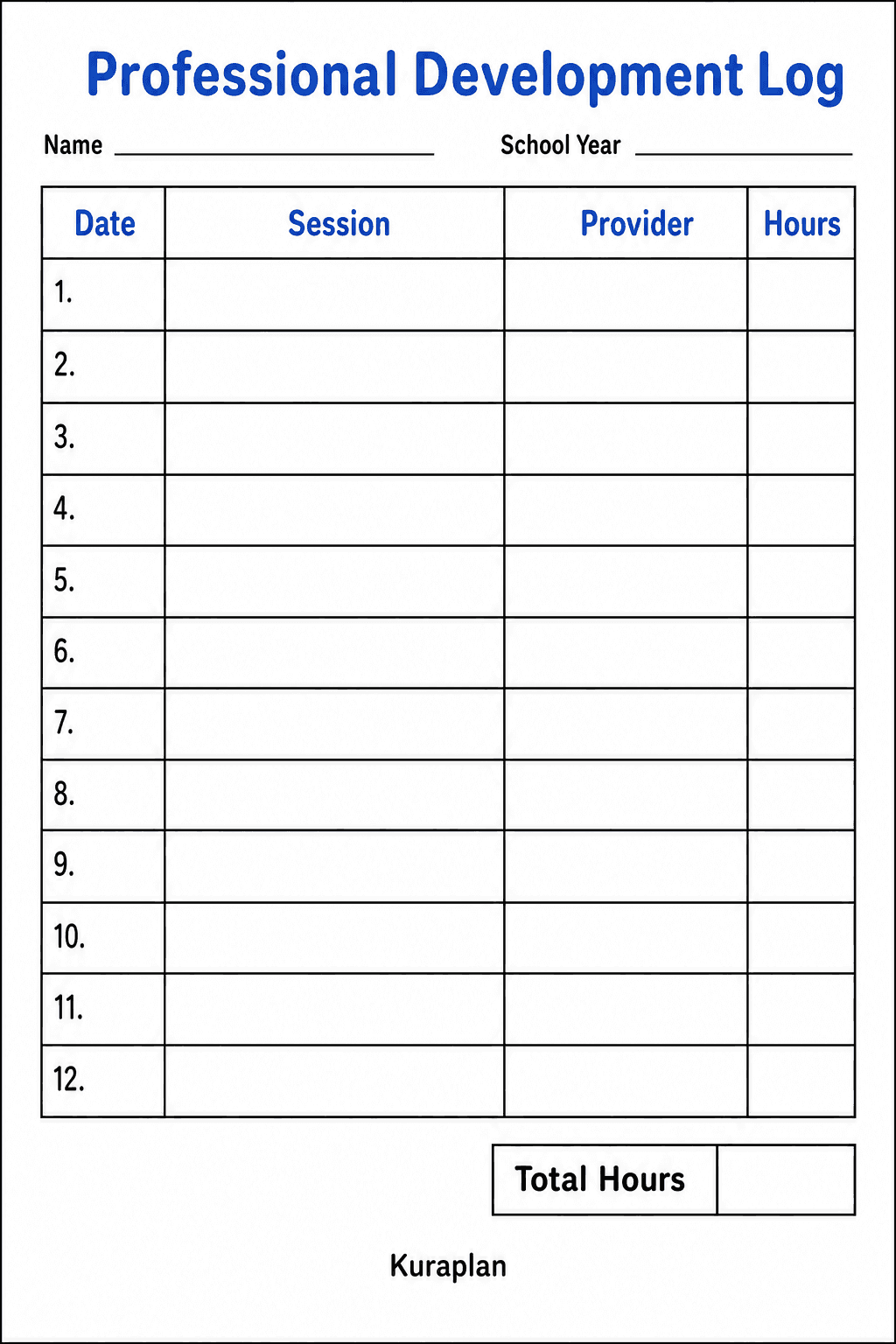 Record professional development dates, sessions, providers, hours, and total training time on one printable log.
