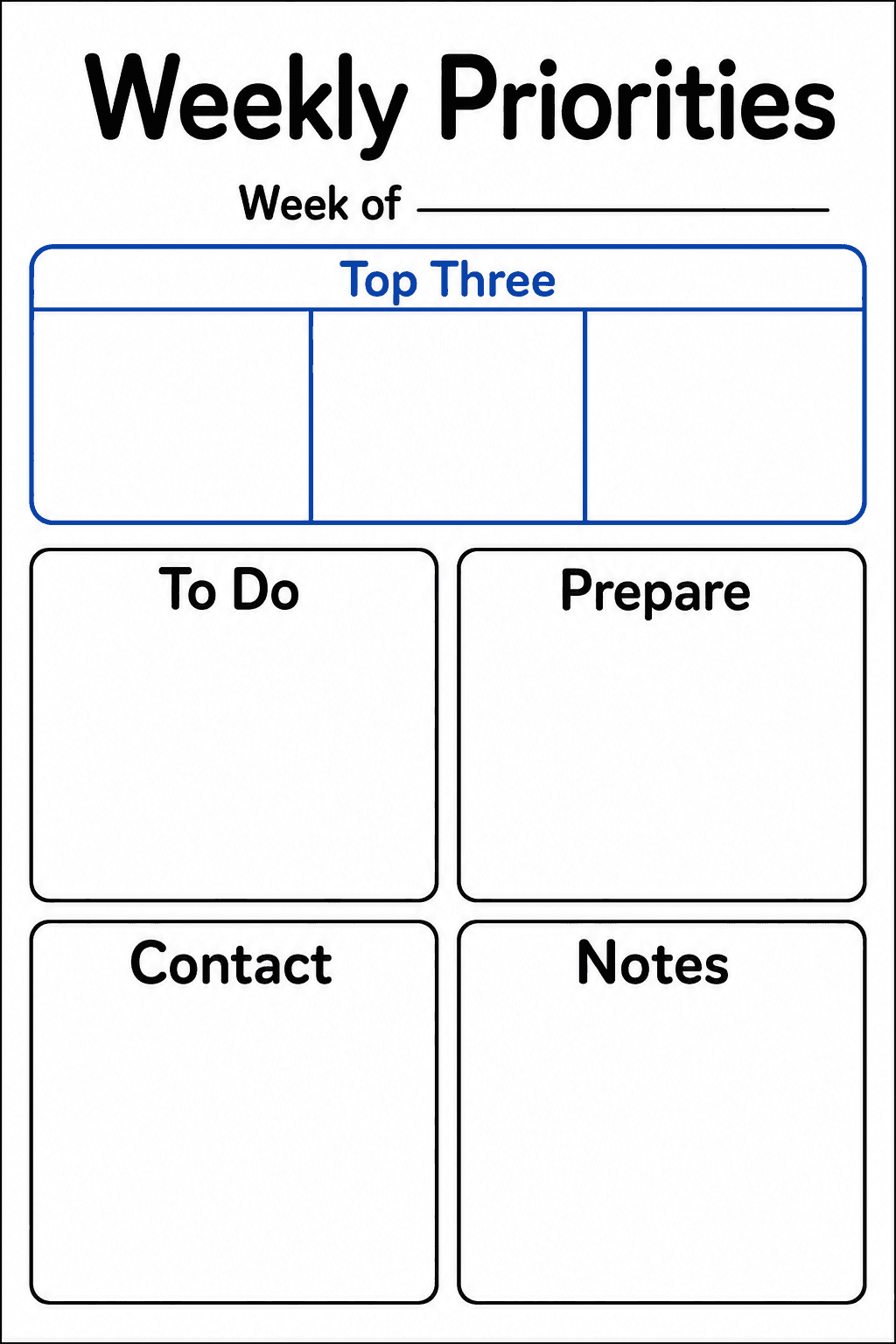 Teachers record their top three priorities, tasks, preparation, contacts, and notes for the week.