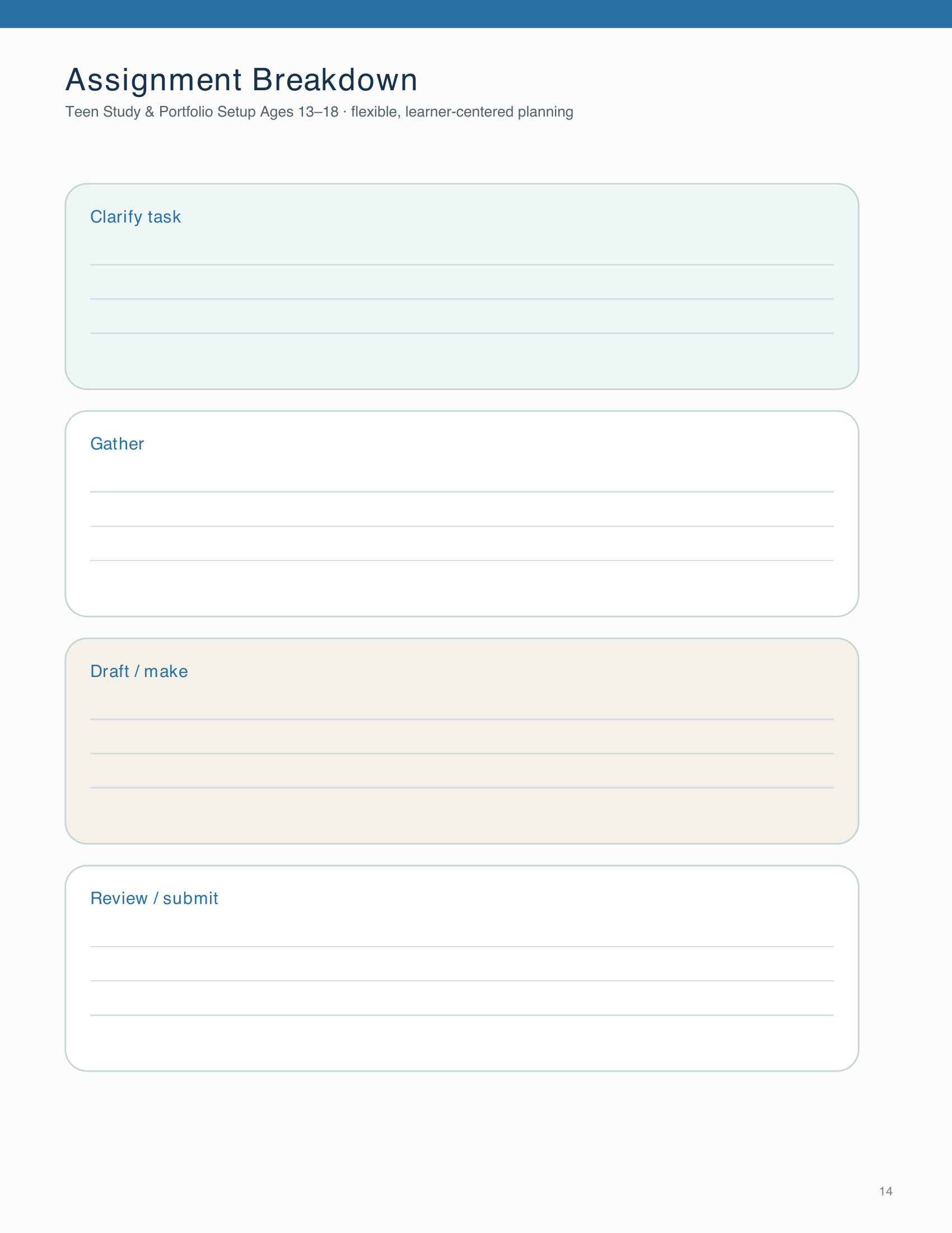 Students break an assignment into task clarification, gathering, drafting, and review steps.