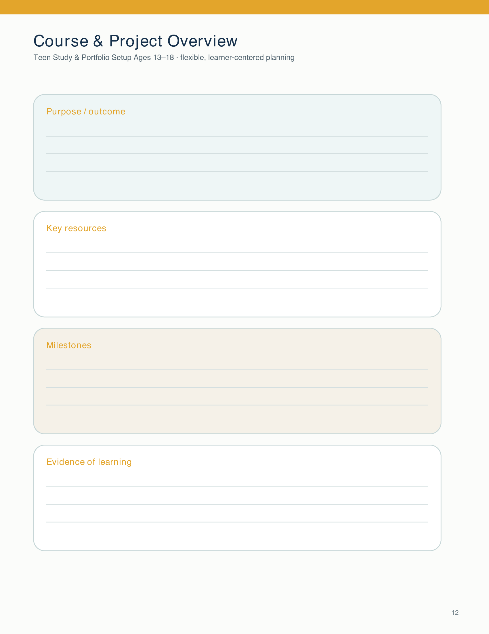 Teachers or students record a project’s purpose, resources, milestones, and evidence of learning in the four planning sections.