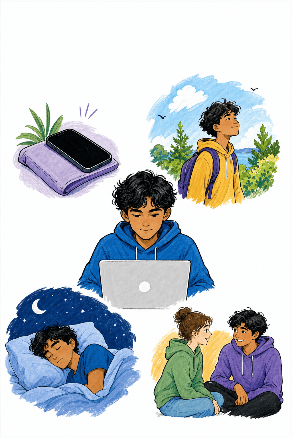 Use this illustrated page to introduce a discussion about how digital tools affect teenagers’ wellbeing.