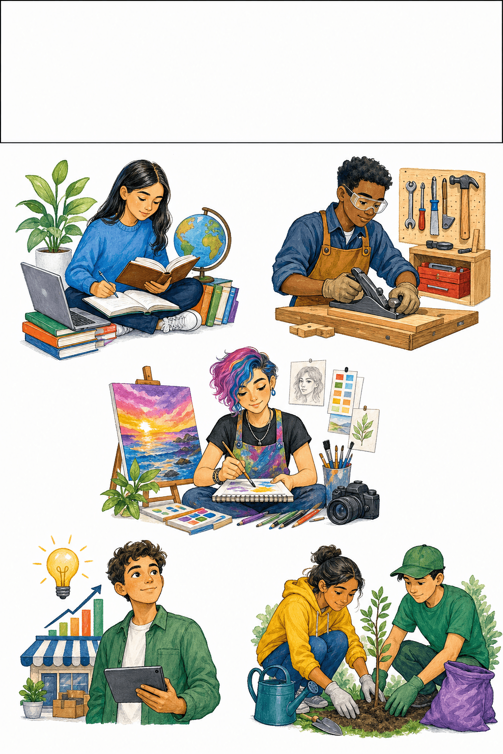 Use this illustrated page to introduce exploring possible future pathways and recording questions and evidence for each.