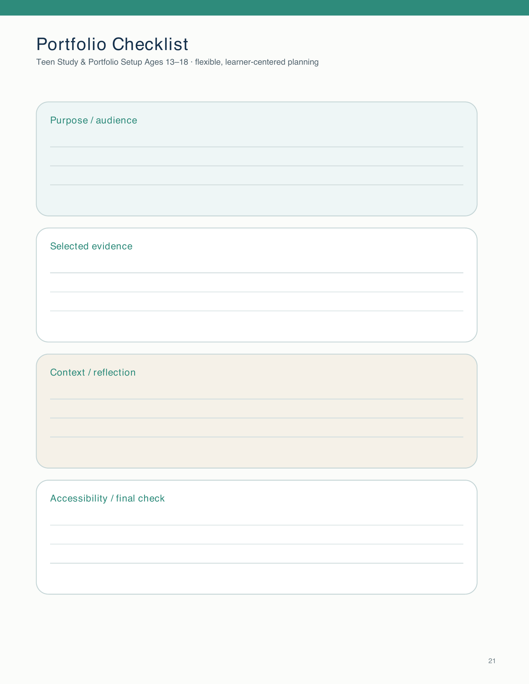 Students plan a portfolio by defining its audience, selecting evidence, reflecting on context, and checking accessibility.