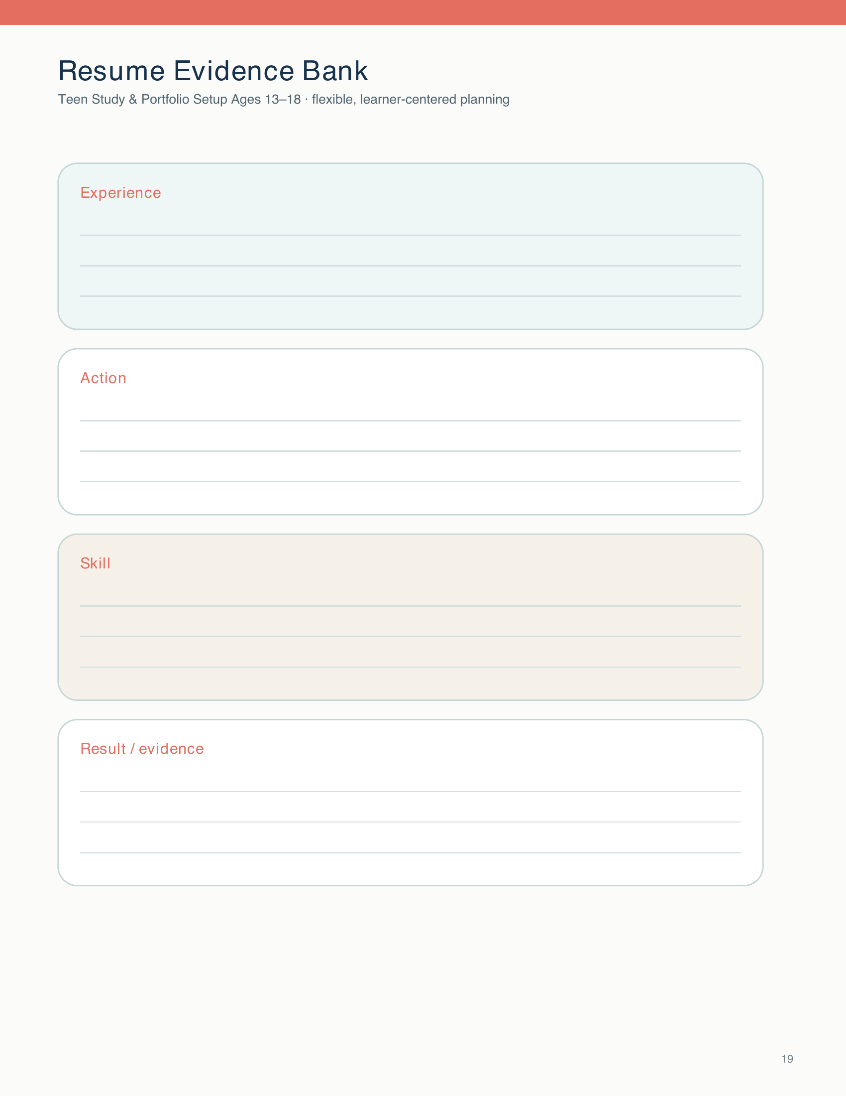 Students record experiences, actions, skills, and results or evidence for a resume and portfolio.