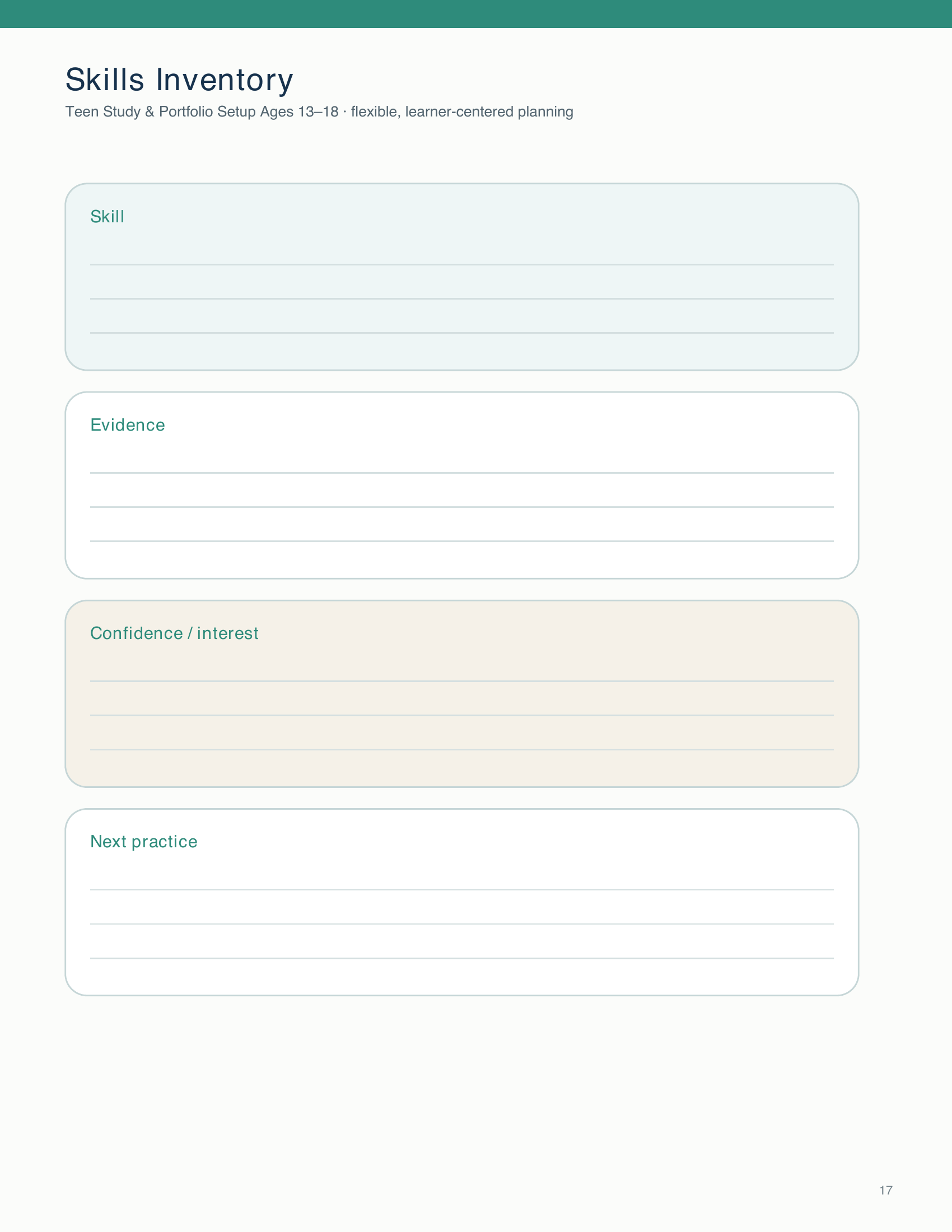 Students record a skill, supporting evidence, confidence and interest, and a practical next step for study or portfolio planning.