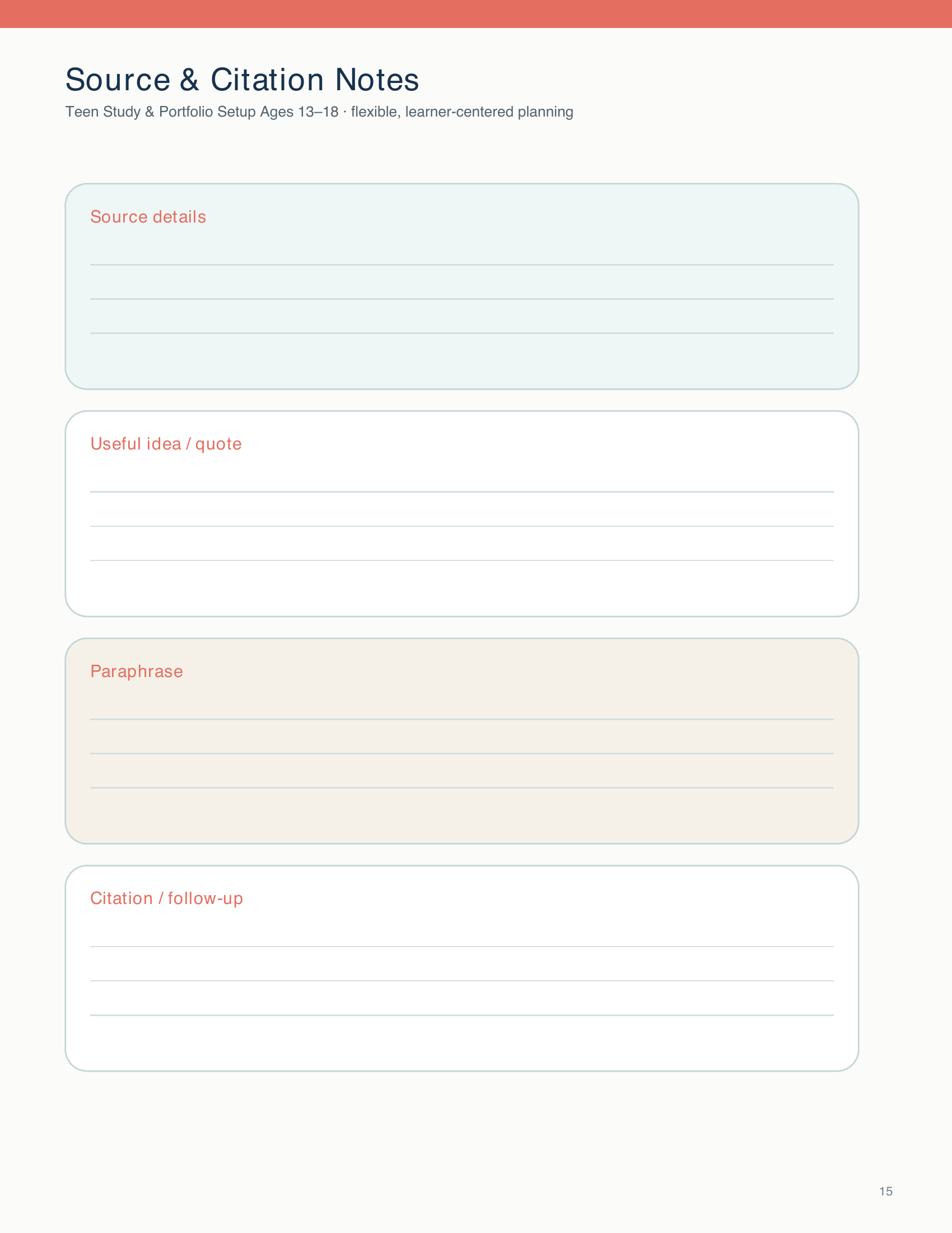 Students record source information, useful quotations, paraphrases, citations, and follow-up ideas for a study portfolio.