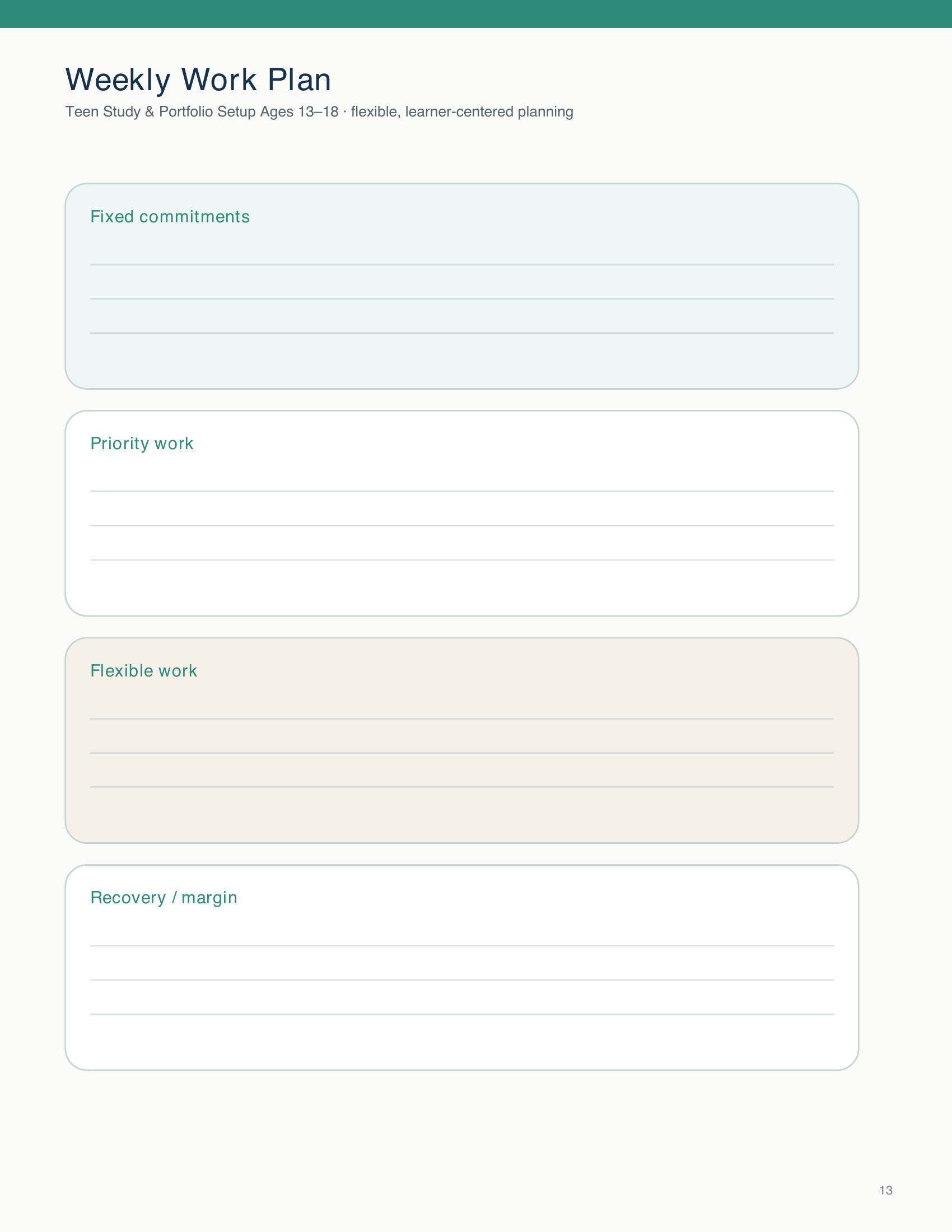 Students organise weekly commitments, priorities, flexible tasks, and recovery time using four planning sections.