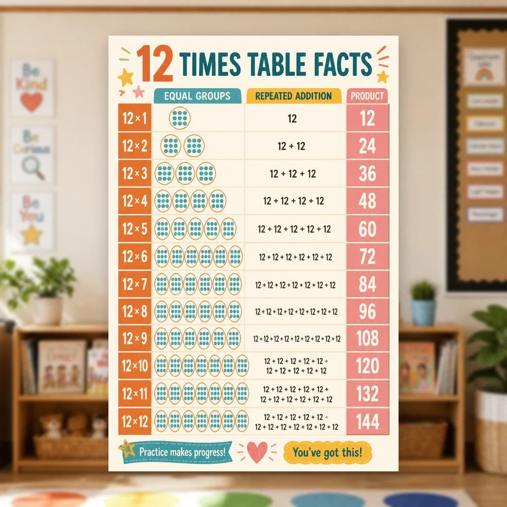 12 Times Table Facts Poster