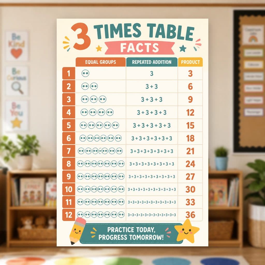 3 Times Table Facts Poster