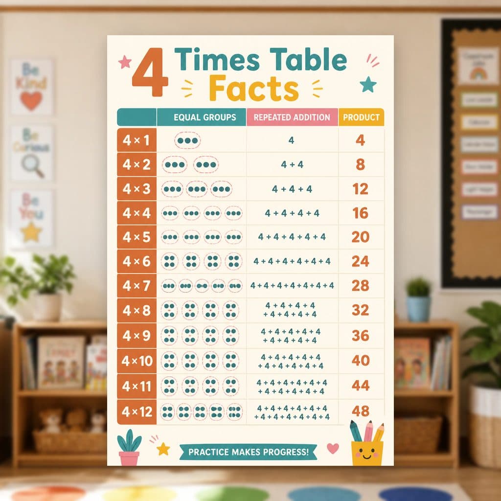 4 Times Table Facts Poster