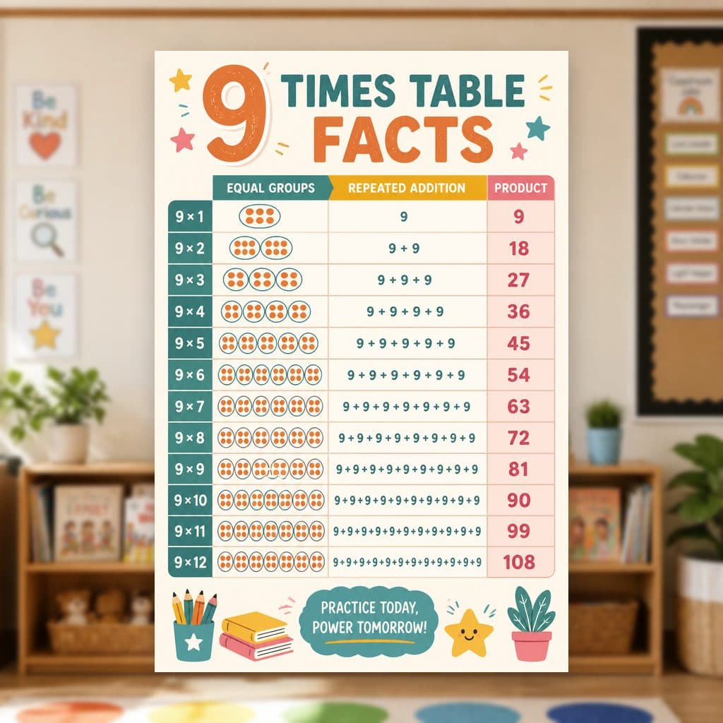 9 Times Table Facts Poster