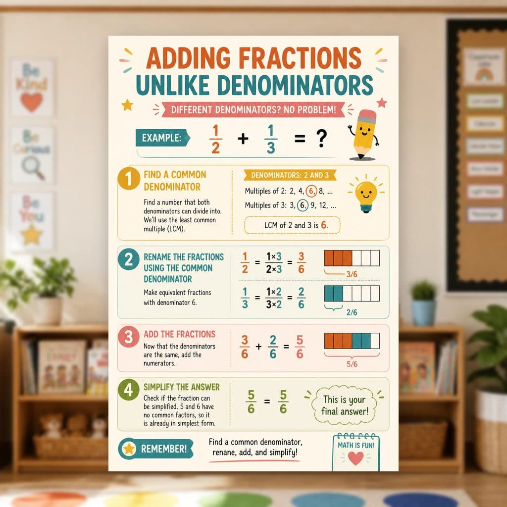 Adding Fractions Unlike Denominators Poster