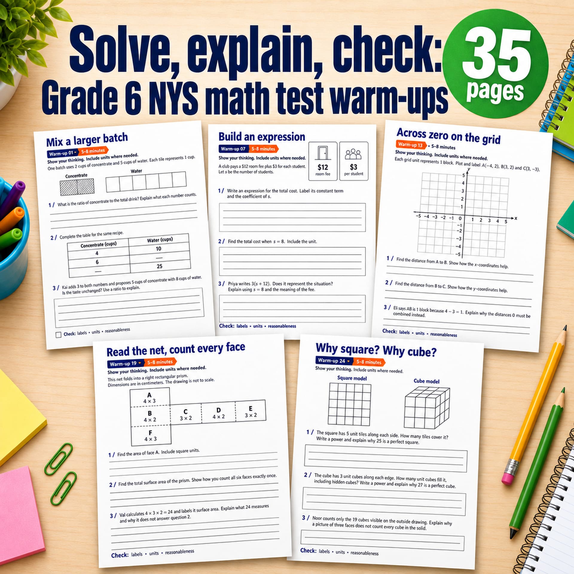 Solve, explain, check: Grade 6 NYS math test warm-ups