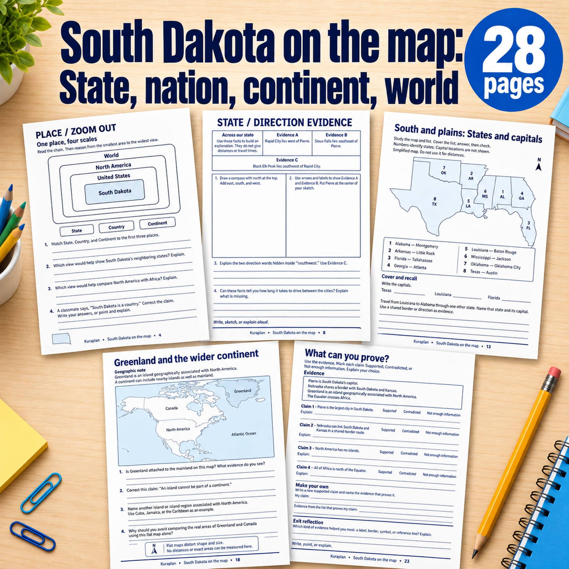 South Dakota on the map: State, nation, continent, world