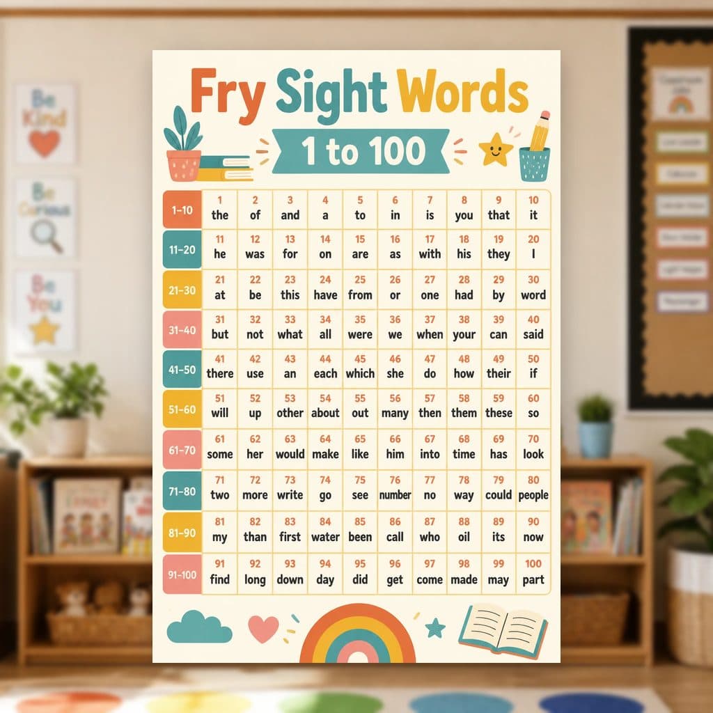 Fry Sight Words 1 to 100 Poster