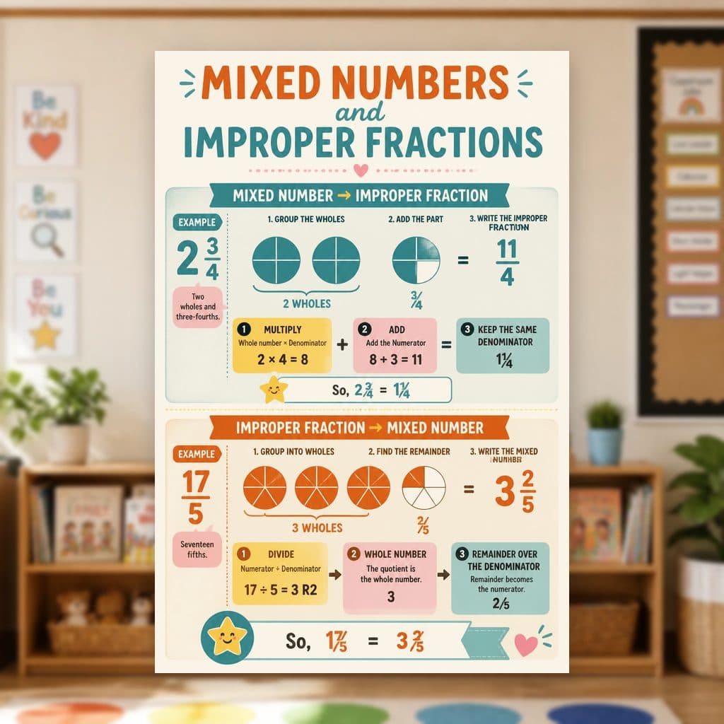 Mixed Numbers and Improper Fractions Poster