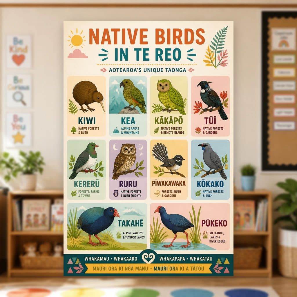 Native Birds in Te Reo Poster