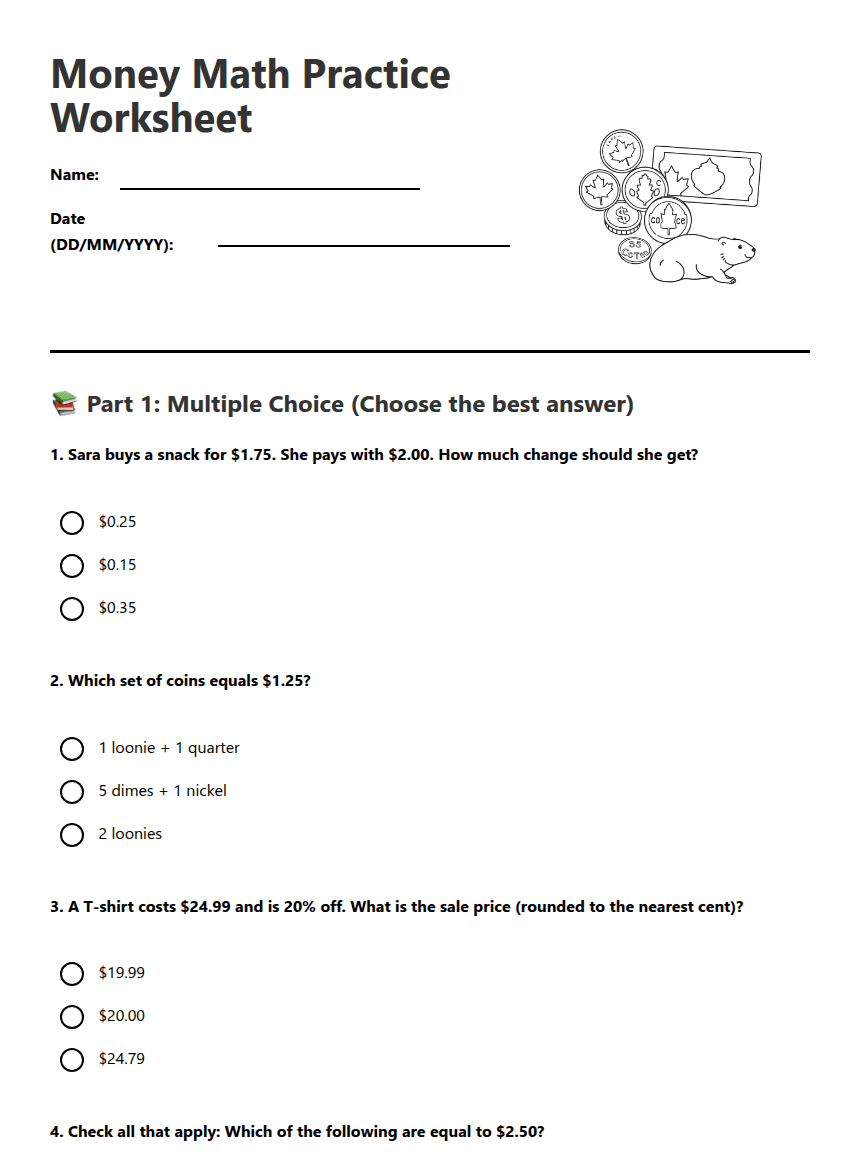 Money Math Practice Worksheet worksheet preview