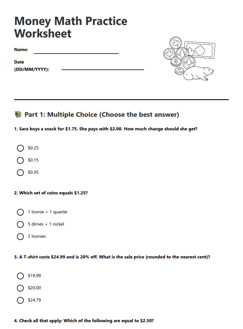 Money Math Practice Worksheet