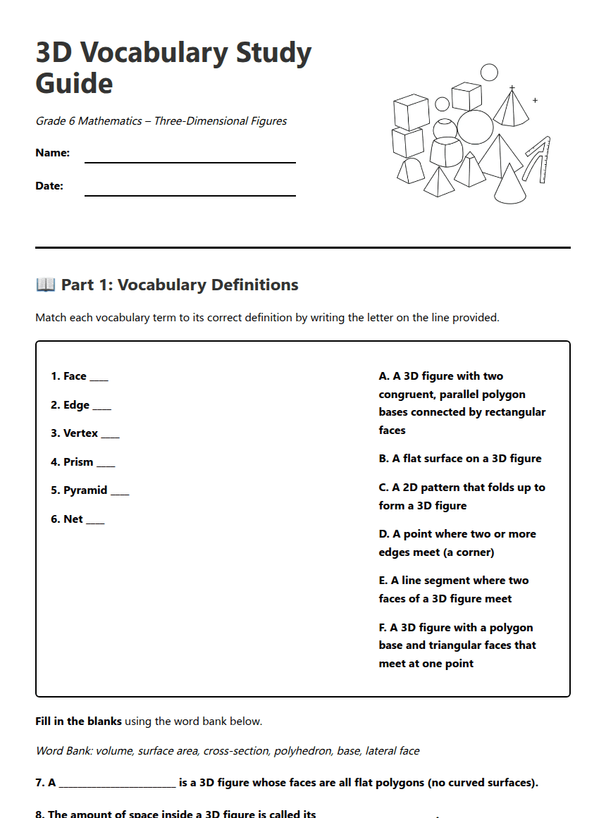 3D Vocabulary Study Guide worksheet preview