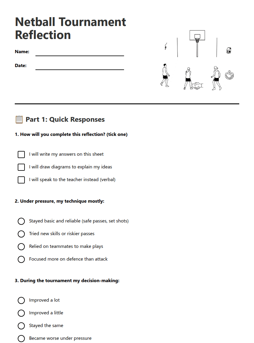 Netball Tournament Reflection worksheet preview