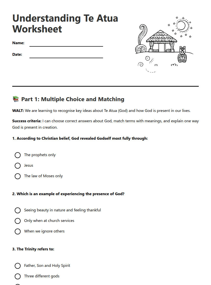 Understanding Te Atua Worksheet worksheet preview