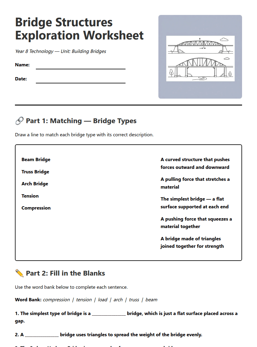 Bridge Structures Exploration Worksheet worksheet preview