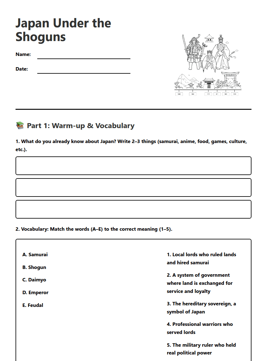 Japan Under the Shoguns worksheet preview