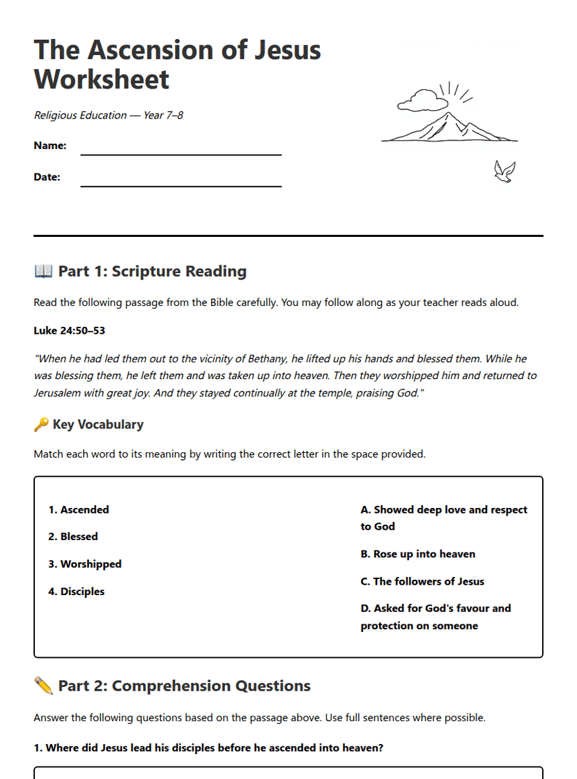 Ascension of Jesus Worksheet