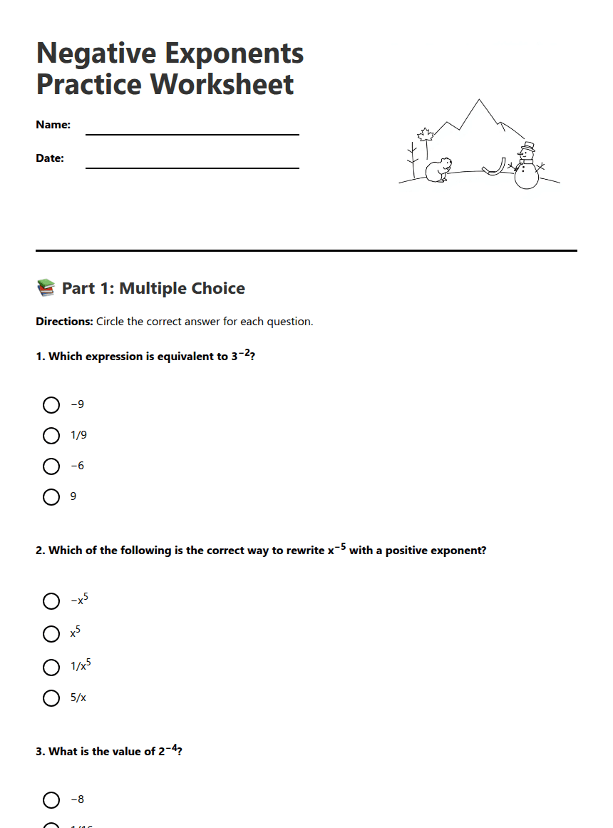 Negative Exponents Practice Worksheet worksheet preview