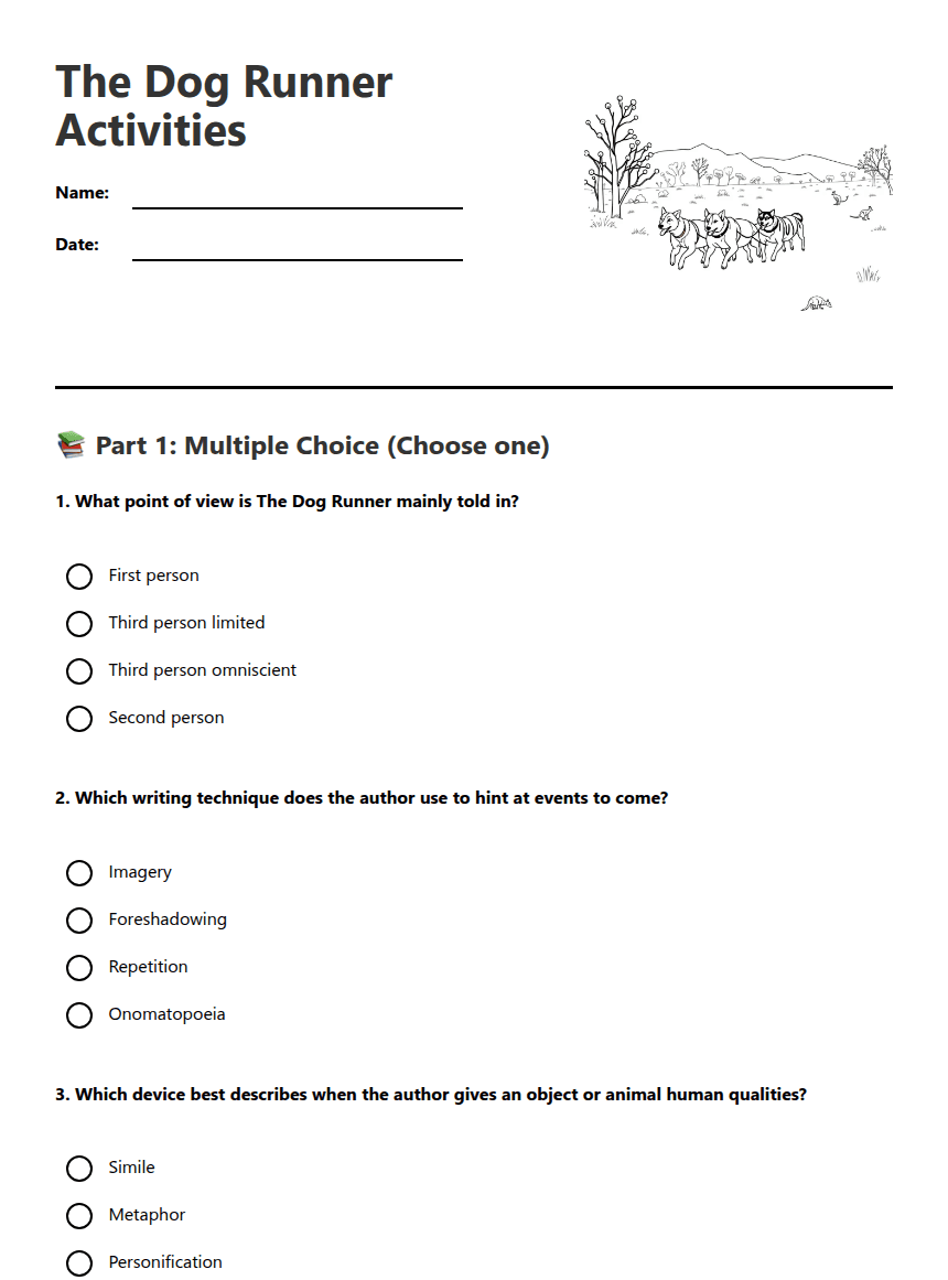 The Dog Runner Activities worksheet preview