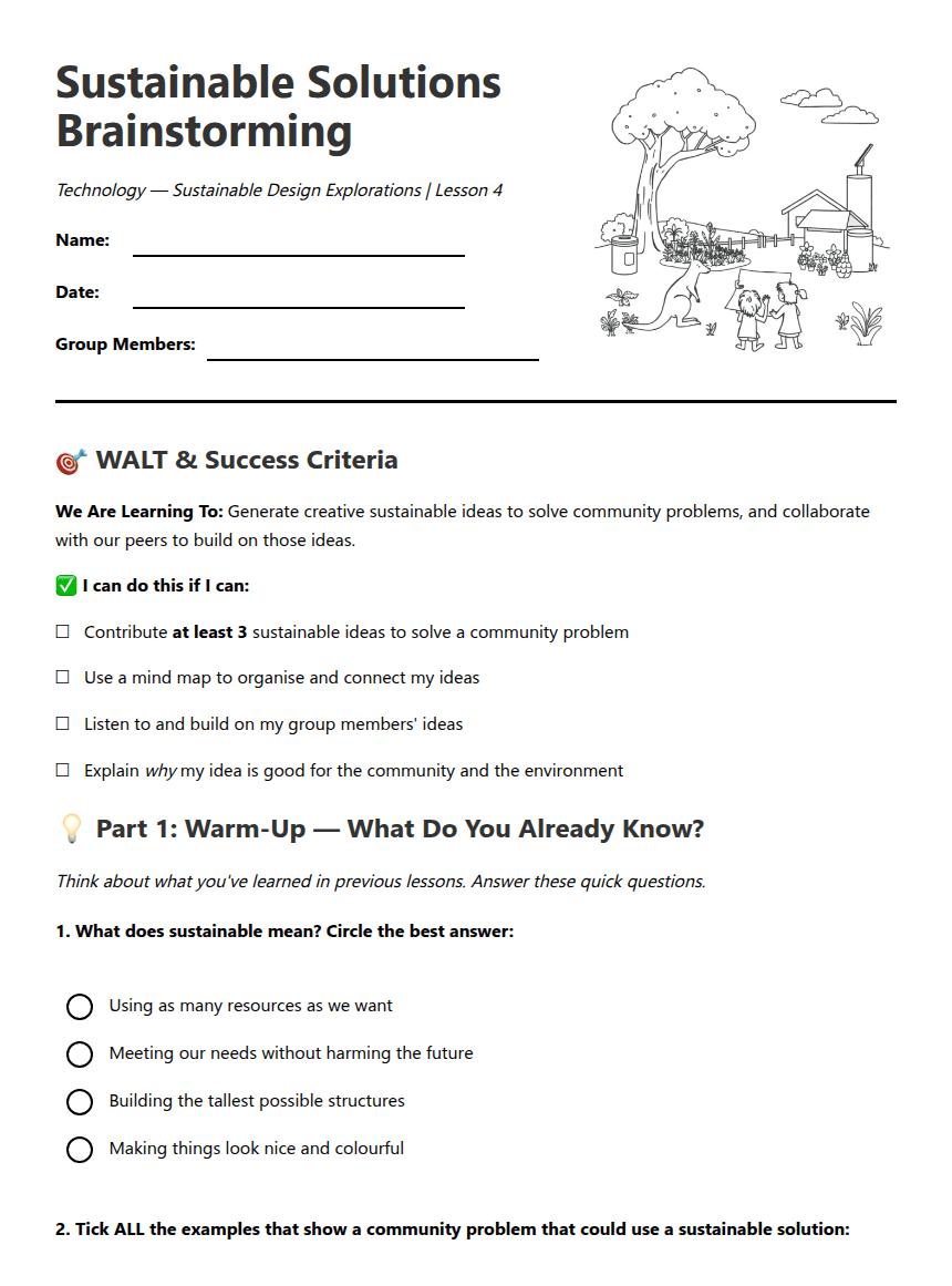 Sustainable Solutions Brainstorming worksheet preview